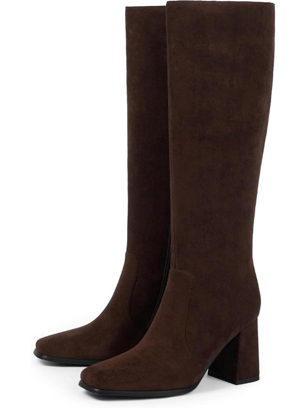 Women's Dark Brown Suede Square Toe Chunky Heel Knee High Tall Gogo Boot Shoes - Picture 5 of 6